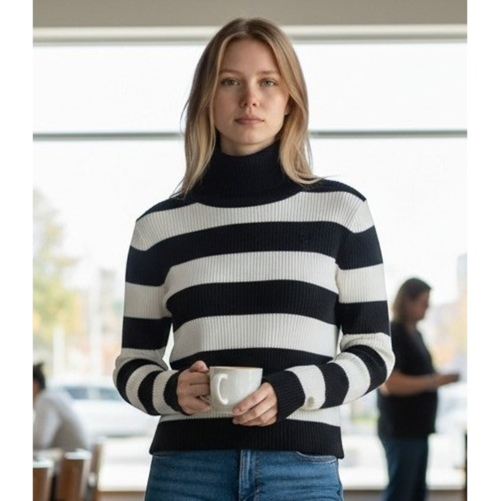 Lauren Ralph Lauren Striped Turtleneck M Ribbed Knit Preppy Nautical Old Money
